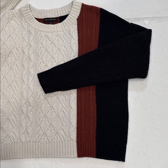 Banana Republic Large Colorblock Cable Knit Sweater Cream Navy Rust Wool Blend - Picture 5 of 7